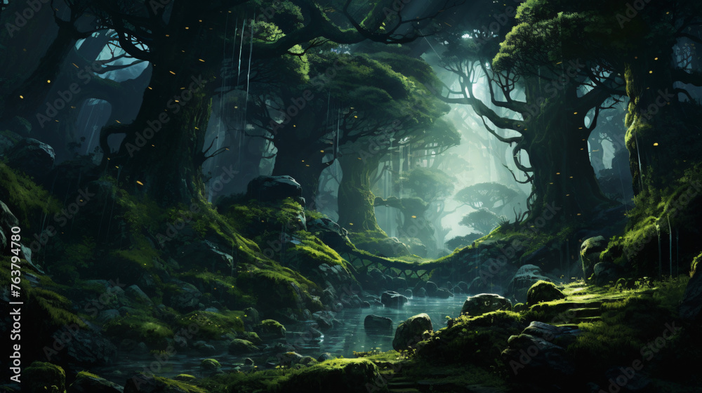 A magical forest where mythical creatures roam free.