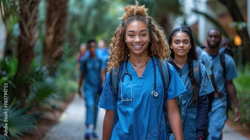 Medical students from various nationalities Both men and women Walking together after class at university photo