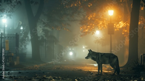 Lone Wolf Standing in Park at Night © Emiliia