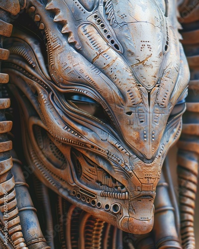 Capture the intricate details of alien art and cultural artifacts in a close-up shot Highlight the unique textures, patterns, and symbols to evoke curiosity and appreciation © panyawatt