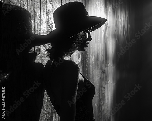 Delve into the dark allure of film noir through a side view composition Incorporate elements like dramatic lighting, silhouettes, and retro vibes to create a captivating visual for a contemporary movi photo