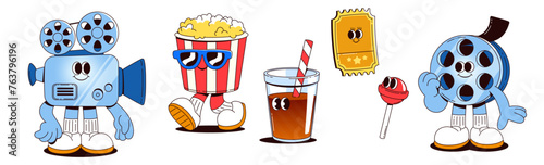 Cute movie and popcorn character cartoon icon. Cinema and theater mascot kids illustration. Funny ticket, pop corn bucket, soda and lollipop humor design. Candy and roll with face isolated set