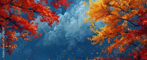vivid autumn leaves, blue sky, dark branches. generative AI