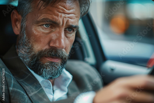 Focused Mature Man with Beard Driving in Daylight photo