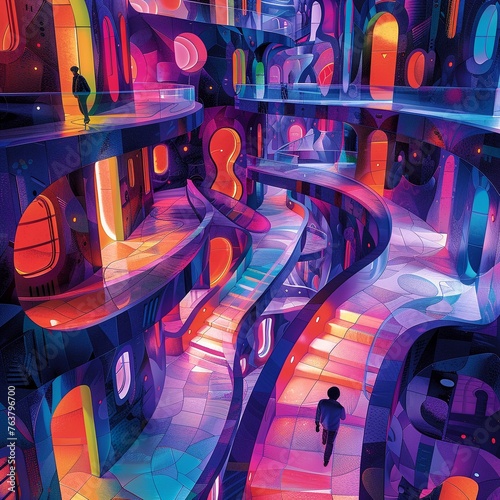 Illustrate a dynamic scene with a tilted angle perspective, depicting a person navigating through a virtual memory palace Highlight the potential for memory enhancement and transformative learning exp