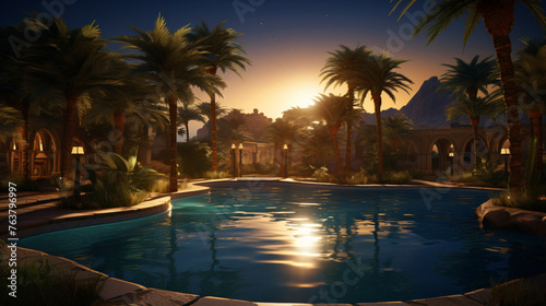 A magical oasis in the desert with palm trees