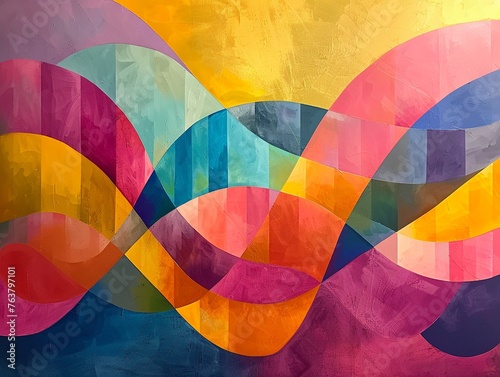Transform a long shot of a vibrant abstract art piece into a visually immersive experience Amplify the bold colors and dynamic shapes to evoke curiosity and captivate the viewer