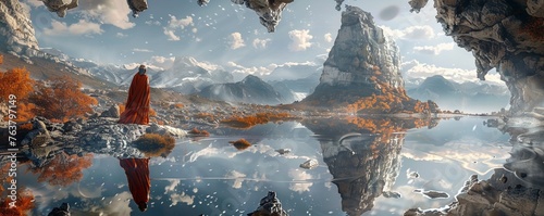 Transform the concept of mirror worlds into a mesmerizing visual journey with a panoramic scene Highlight contrasting elements between the real world and its mirrored counterpart Infuse the artwork wi photo