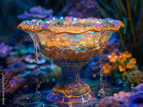 Transform the mythical cup into a majestic fountain overflowing with liquid gold Incorporate mystical elements and vibrant colors to captivate viewers