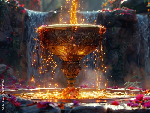 Transform the mythical cup into a majestic fountain overflowing with liquid gold Incorporate mystical elements and vibrant colors to captivate viewers