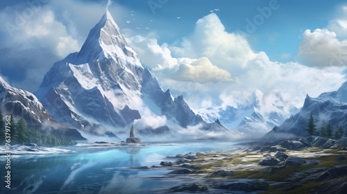 A majestic mountain range with snowcapped peaks.