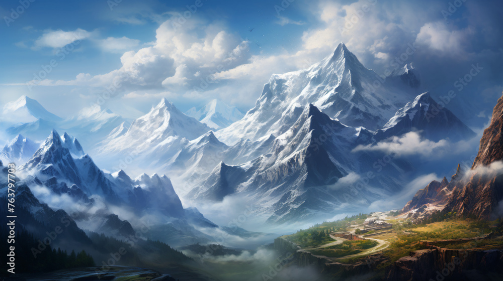 A majestic mountain range with snowcapped peaks.