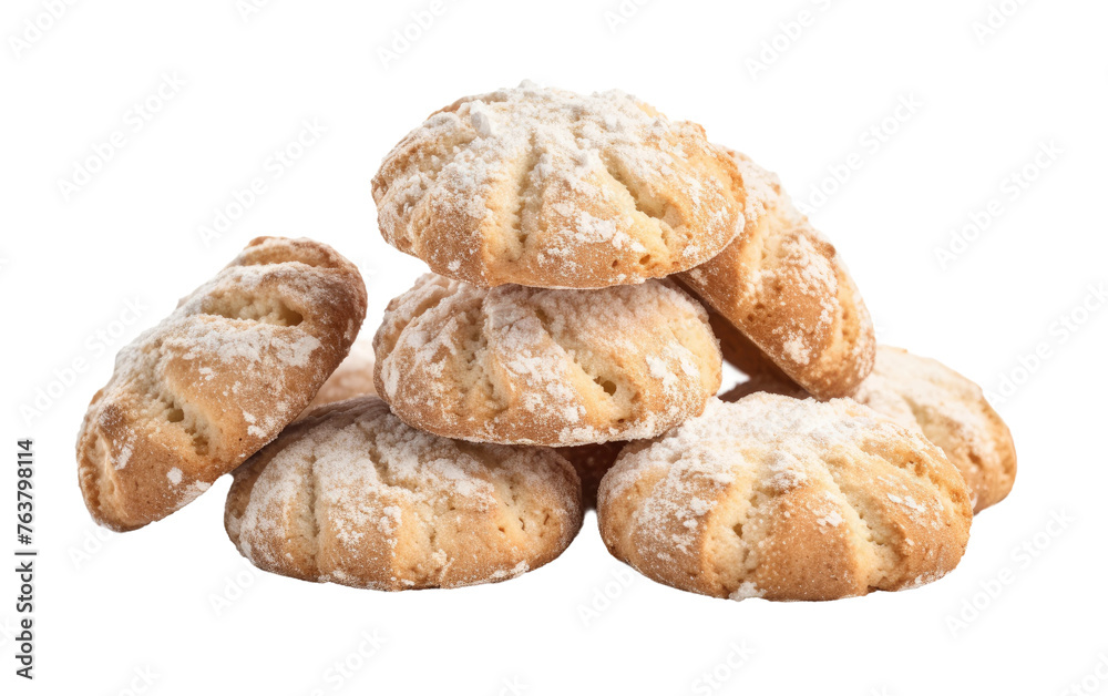 A Pile of Powdered Sugar Cookies on a White Background. On a White or Clear Surface PNG Transparent Background.