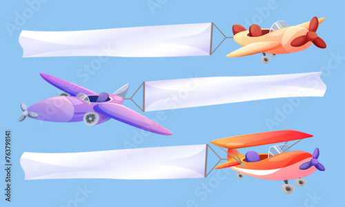 Cartoon sky plane banner with ribbon for message in air. Vintage biplane fly vector. Advertising with old airplane flight design. Aeroplane with propeller flying with billboard on blue background