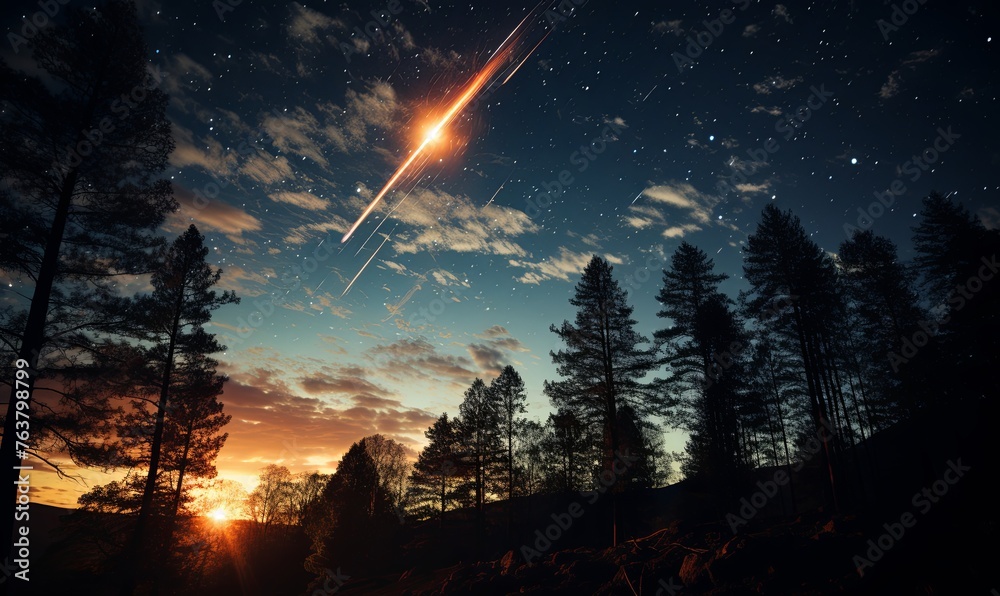 Rocket Flying Through Night Sky - obrazy, fototapety, plakaty 