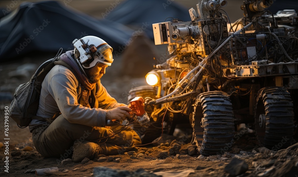 Man Sitting Next to Vehicle