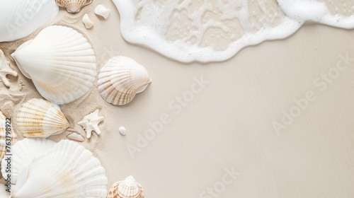 Holiday background in paradise with warm sand background in blue seas. Pictures and wallpaper with seashells, sailboat, sun lounger, sun and tropical trees