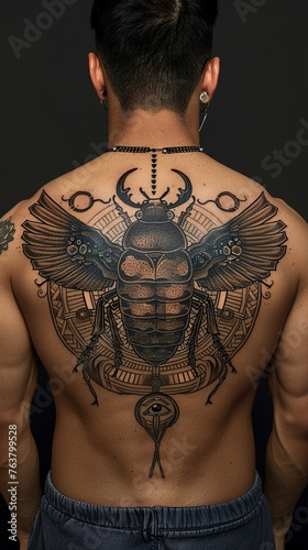The ancient symbolism of an Egyptian scarab beetle tattooed on a man's back, its intricate patterns and cultural significance set against a timeless, solid backdrop.