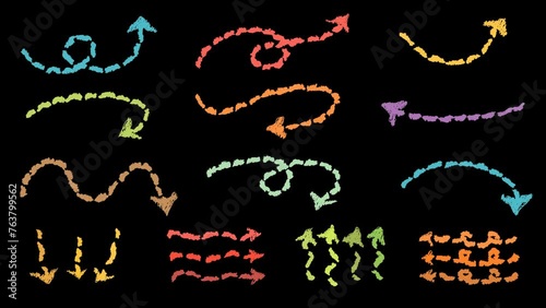 Set of colorful hand drawn style with crayon dotted line arrow animation transparent background. Variety of doodle charcoal arrows footage video. Freehand different sketch curved lines, swirls pointer