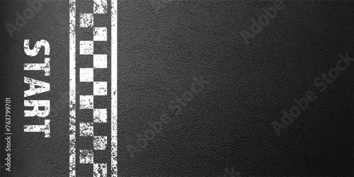 Asphalt road with white start line marking, concrete highway surface, texture. Street traffic lane, road dividing strip. Pattern with grainy structure, grunge stone background. Vector illustration