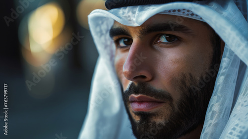 Portrait of Arabic man wearing traditional white Shemagh gown with black agal photo