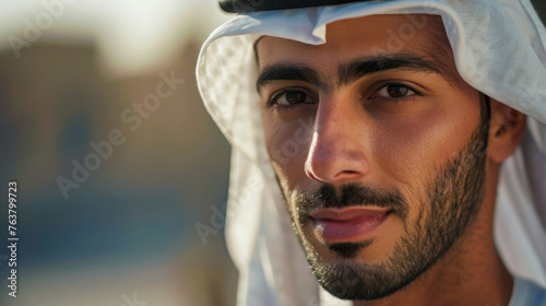 Portrait of Arabic man wearing traditional white Shemagh gown with black agal photo