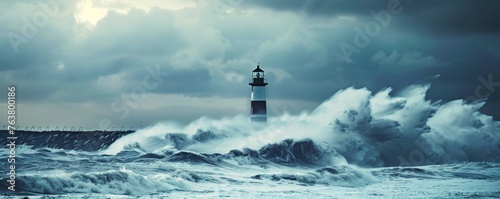 A lone lighthouse stands resolute against towering waves during a tempestuous sea storm under tumultuous skies.