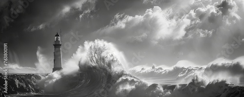 A monochromatic seascape captures a lighthouse enduring the relentless power of a storm, as waves crash and winds howl.