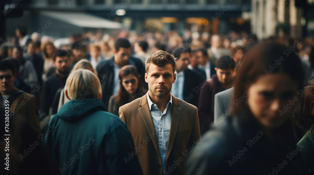 Focused Businessman Standing Out in a Crowded Urban Street, Representing Leadership, Individuality, and the Concept of Against the Current in a Busy Society Focused Businessman Standing Out in a Crowded Urban Street, Representing Leadership, Individuality, and the Concept of Against the Current in a Busy Society