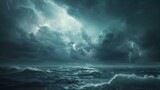 A dramatic ocean storm unfolds with multiple lightning strikes illuminating the dark, menacing clouds above the turbulent sea.
