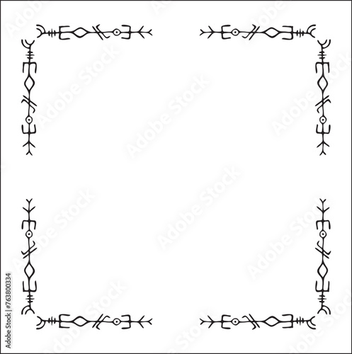 Elegant black and white ornamental frame with Viking runes, decorative border, corners for greeting cards, banners, business cards, invitations, menus. Isolated vector illustration. 