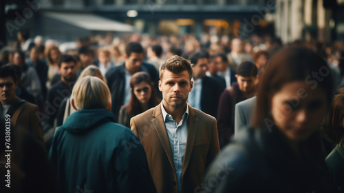 Focused Businessman Standing Out in a Crowded Urban Street, Representing Leadership, Individuality, and the Concept of Against the Current in a Busy Society photo