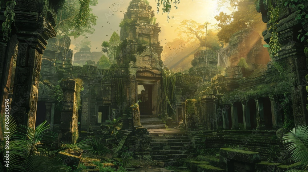 Mystical ruins of an ancient temple stand shrouded in the mist of a dense jungle, creating an ambiance of mystery and history.