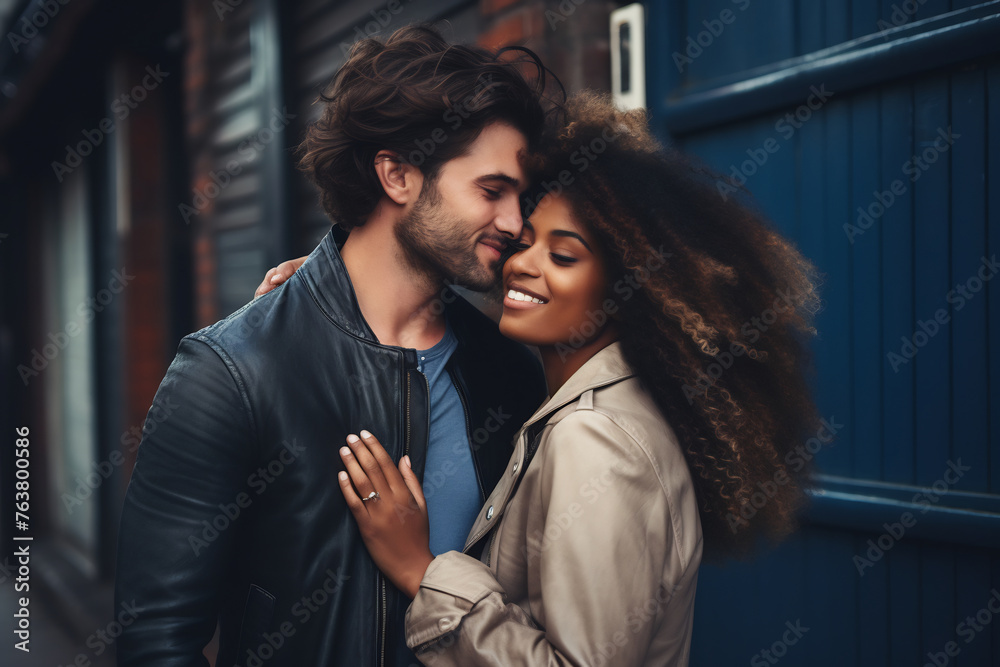 Loving Young Couple Embracing on a City Street, Sharing a Tender Moment with Joyful Smiles, Symbolizing Romance and Affection in Everyday Life Loving Young Couple Embracing on a City Street, Sharing a Tender Moment with Joyful Smiles, Symbolizing Romance and Affection in Everyday Life