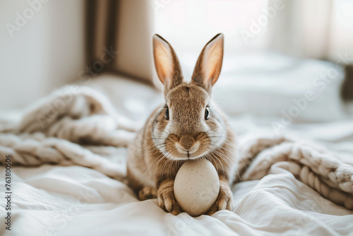Cute brown bunny on the bed, with an egg. Spring Easter  theme. Generative Ai 