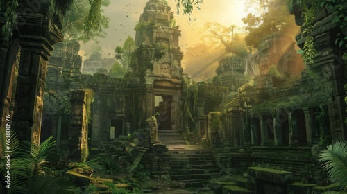 Mystical ruins of an ancient temple stand shrouded in the mist of a dense jungle  creating an ambiance of mystery and history.