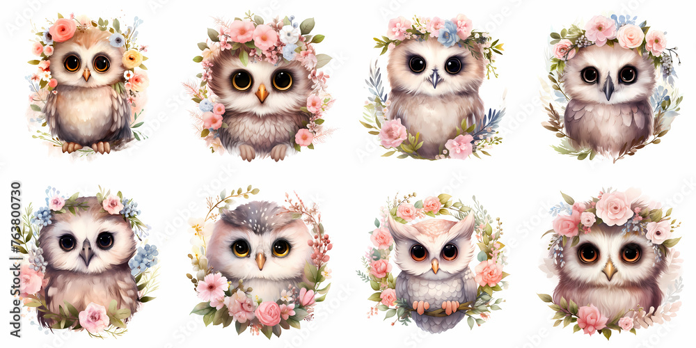 set of cute owl with flowers illustration, generated ai - obrazy, fototapety, plakaty 