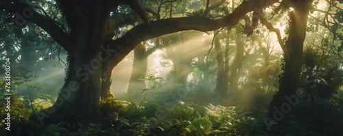 Sunlight filters through the mist, casting a magical glow over the verdant jungle, highlighting the intricate patterns of the trees.