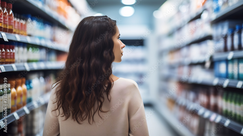 Young Woman Contemplating Product Choices in Supermarket Aisle, Representing Decisions and Variety in Consumer Experience
