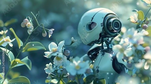 Futuristic Robot Smelling Flowers, Ideal for AI Technology
