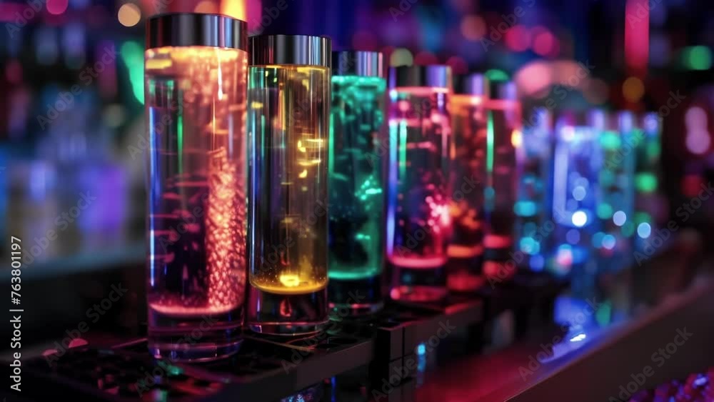 A unique beverage stand serving colorful and creative mocktails inspired by different chiptune video games. Each drink is adorned with flashing LED lights and served in a A unique beverage stand serving colorful and creative mocktails inspired by different chiptune video games. Each drink is adorned with flashing LED lights and served in a