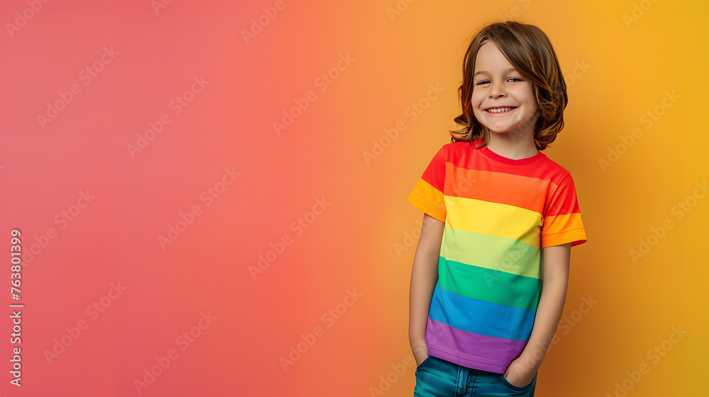 mockup featuring a young happy boy with long hair, dressed in a colored t-shirt, against orange background, evoking a sense of calm and tranquility, copy space mockup featuring a young happy boy with long hair, dressed in a colored t-shirt, against orange background, evoking a sense of calm and tranquility, copy space