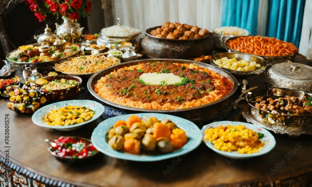 Naklejka premium A Large Table with Kazakh Food