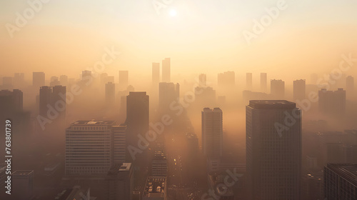 Air pollution in the city. Smog city from PM 2.5 dust, Cityscape of buildings with bad weather, Unhealthy air pollution dust. Generative AI illustration