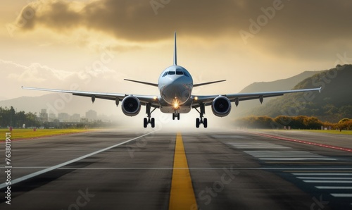 Aircraft touching down on the runway 
