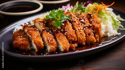 A plate of crispy chicken katsu served with tonkatsu s © franklin