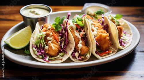 A plate of crispy fish tacos topped with cabbage slaw