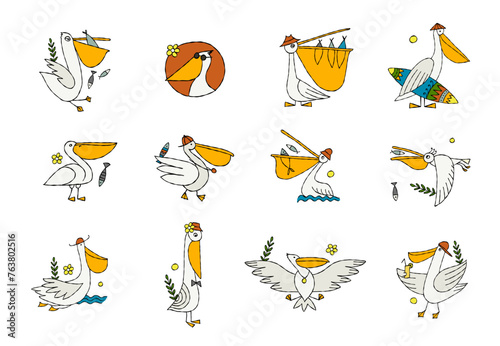 Funny pelican characters. Icons set isolated on white for your design (ID: 763802516)