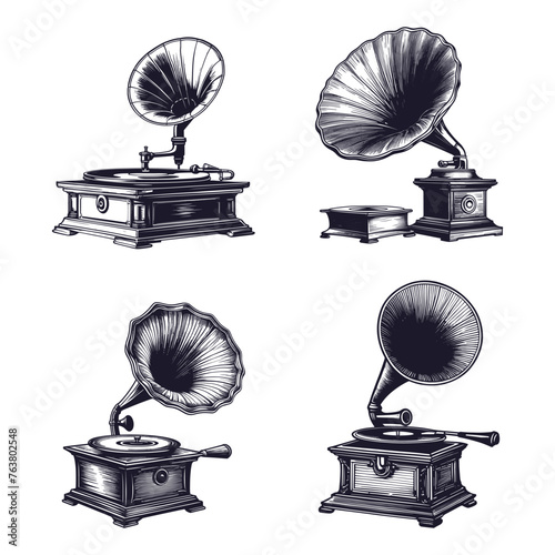 Gramophone sketch icon set