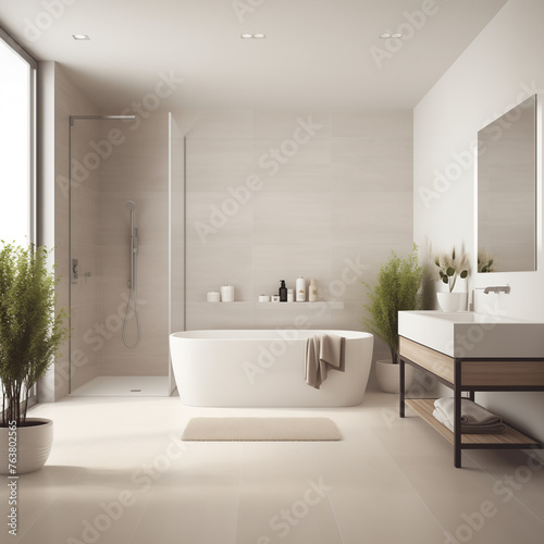 Modern bathroom interior with bathtub  plants  and large windows.